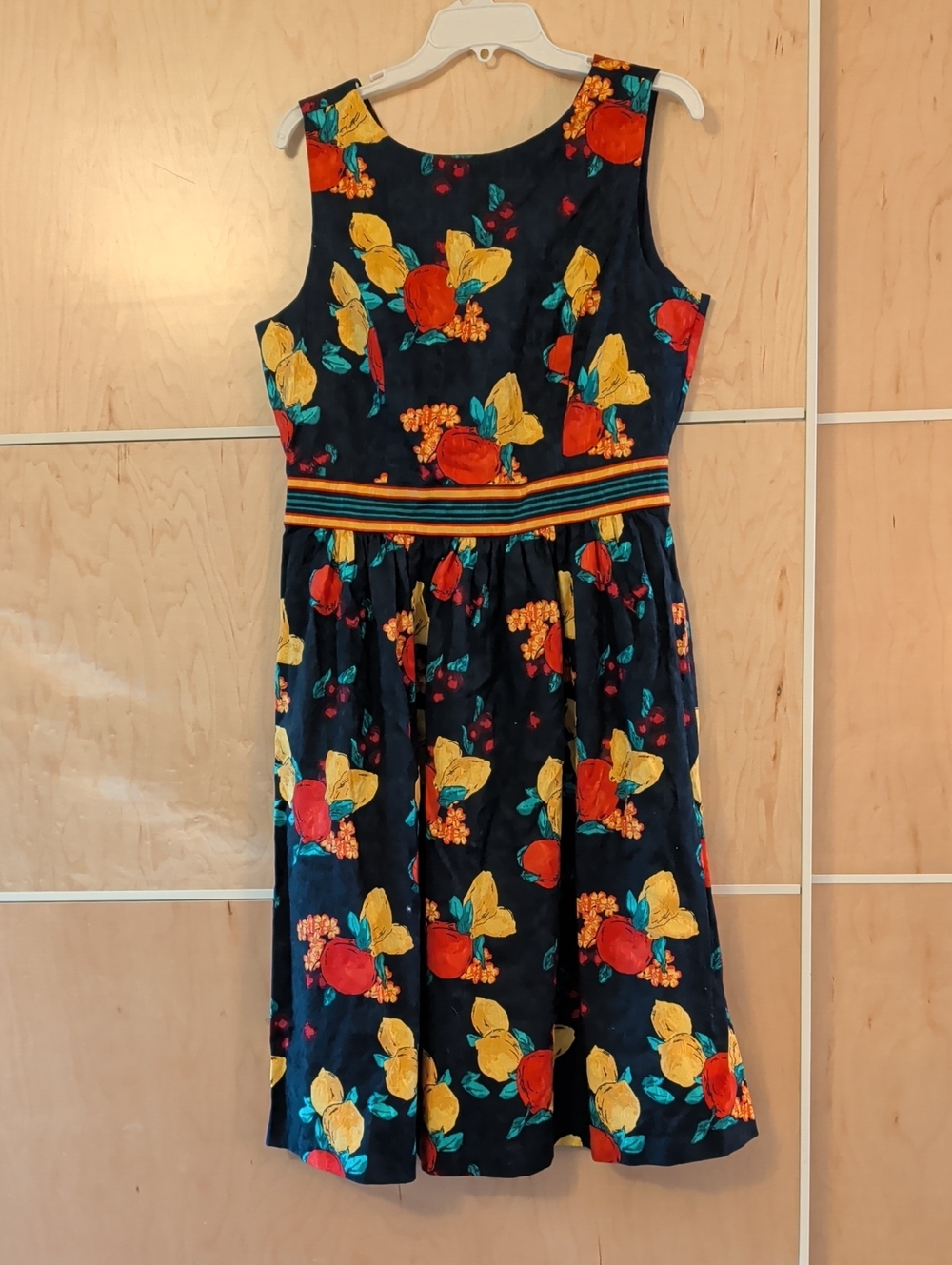 Navy Floral Citrus Sleeveless Dress with Striped Waistband